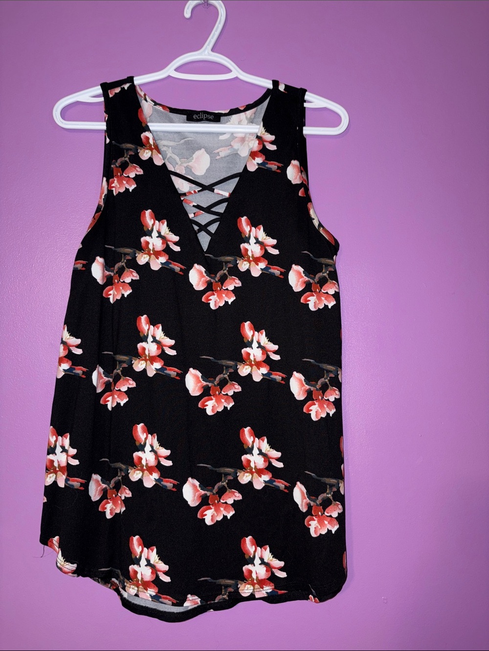 Eclipse Black Tank Top with Pink Floral Print and Crisscross V-Neck
